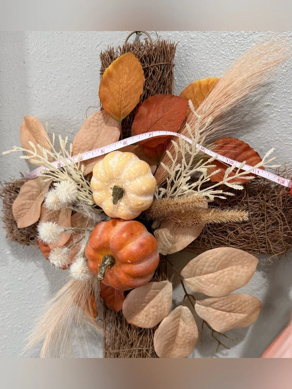 Set of 2 Autumn Harvest Pumpkin Wreath & Cross Decor in Orange & Beige